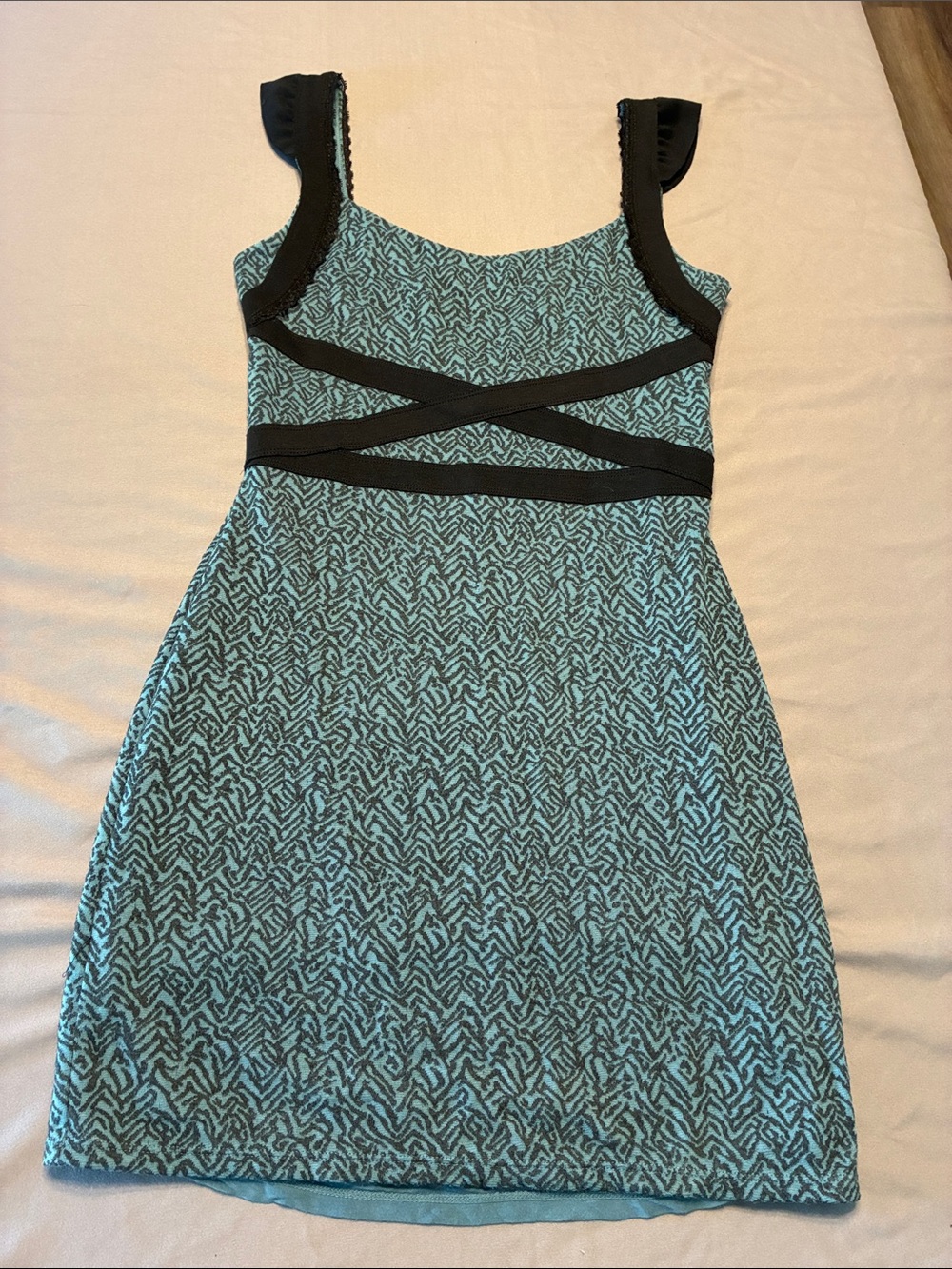 Free People Teal Patterned Mini Dress with Black Trim and Crisscross Waist